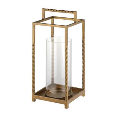 Imagem de Lanterna de metal moderna com moldura contrastante com cilindro de vidro (latão, 16,3 x 39,9 cm)