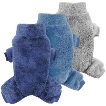 Imagem de Idepet Pacote com 3 pijamas felpudos de veludo, suéter de cachorro de pelúcia, macacão macio para animais de estimação, roupa de inverno, macacão para cachorrinho, casaco de gato, grande
