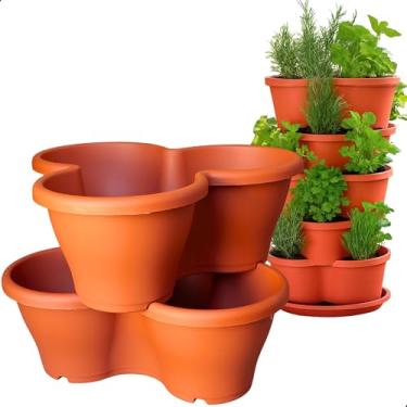 Imagem de Kit 2 Vaso Treviso Terracota Empilhável Jardim Vertical 11L Borda Anti Formiga para Plantas Ornamentais, Hortas, Frutas, Temperos, Suculentas e Flores