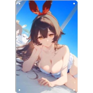 Imagem de DKLOWK Pôster de metal quente de menina anime fofo biquíni sexy placa de decoração de parede para casa bar clube quarto banheiro homem caverna Otaku 30,5 x 40,6 cm