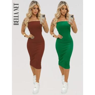 Imagem de KIT 2 Vestidos Midi Colado Sem Alça Anarruga Sem Bojo Lindas Cores - B
