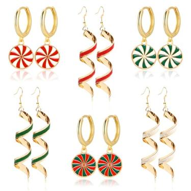 Imagem de QLYOVWE 6 pares de brincos de doces de Natal para mulheres, fofo, vermelho, verde, hortelã-pimenta, carne, doce, argola, espiral, brincos pendurados, presentes de Natal, Medium, Metal, Sem pedra