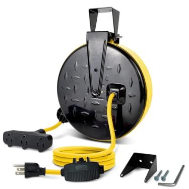 Imagem de GREATIDE Carretel de cabo de extensão retrátil de 30 metros, cabo de alimentação SJTW 16/3 com 3 tomadas elétricas e disjuntor de 10 Amp, suporte de teto ou parede, placa de metal, listado na UL