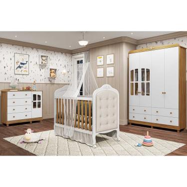 Imagem de Quarto Infantil Completo Elô 4 Peças (1GuardaRoupa+1Berço+1Cômoda+1Complemento) QI117 Branco/Amendoa - Peroba