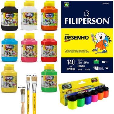 Imagem de Kit Artes Desenho 1 Filiper 3 Pincéis 8 Guaches 250ml 6 Neon - Acrilex