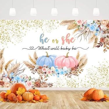 Imagem de CRTPOD Abóbora pano de fundo revelador de gênero ele ou ela decoração de festa de chá de bebê outono florial festa bolo mesa banner fotografia fundo rosa ou azul adereços de cabine de fotos 2,1 x 1,5