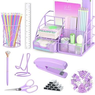 Imagem de Conjunto de acessórios e organizadores de mesa roxos, grampeador, suporte de caneta, suporte de telefone, tesoura, caneta, régua, 30 clipes de papel, 22 clipes de fichário, 20 tachinhas e 1000 peças
