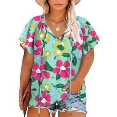 Imagem de Blusa feminina Eytino plus size chiffon boho floral 4X azul celeste