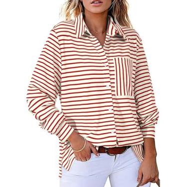 Imagem de Camisa feminina estilosa listrada com botões e decote em V vermelha - 