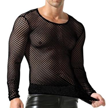Imagem de Camisa Fishnet masculina QiAti de malha transparente de manga comprida