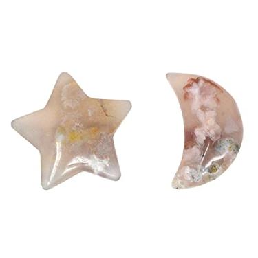 Imagem de Lua e estrela cristais de pedra Sakura rosa lua pedra preciosa faça você mesmo fazendo cristais esculpidos naturais pedra cura energia bolso estatueta W4430-flores de cerejeira