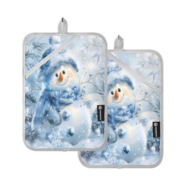 Imagem de Conjunto de 2 suportes de panela de boneco de neve de Natal azul e prata para cozinha com bolsos resistentes ao calor, luvas de forno para bancada, cozinhar em casa, churrasco