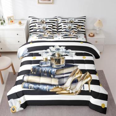 Imagem de Erosebridal Conjunto de edredom moderno com lençol de solteiro, para meninas, adolescentes, mulheres, preto, branco, listras, azul, dourado, floral e pintura a óleo, livro moderno, em uma bolsa