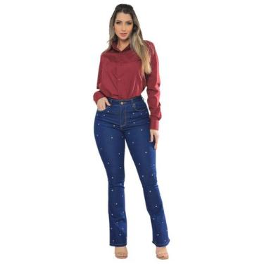 Imagem de Kit Feminino 2 Peças - Calça Feminina Flare Jeans Escuro com pontos de
