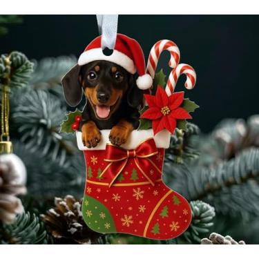Imagem de Enfeite de Natal Dachshund – Dachshund preto – Cachorro fofo em meia natalina – Decoração acrílica – Presente para amantes de animais de estimação – Donos de cães