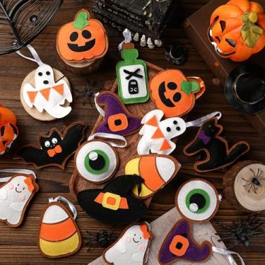 Imagem de Breling 20 peças de enfeites de feltro de Halloween, decoração de árvore de Halloween 3,15 polegadas, morcego fantasma, abóbora, gato, preto, chapéu de bruxa, ornamentos de feltro para guirlanda