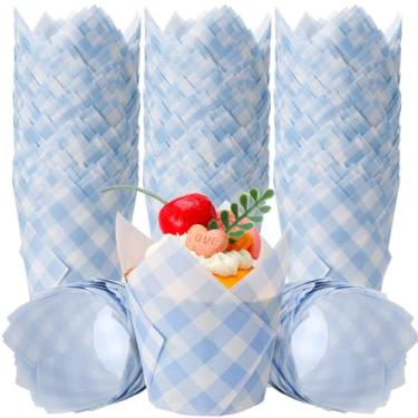 Imagem de Maxdot 200 peças de forros de cupcake de tulipa azul guingão para assar muffin de papel xadrez, forros de muffin de tulipa quadriculada, envoltórios para chá de bebê, decoração de festa de aniversário