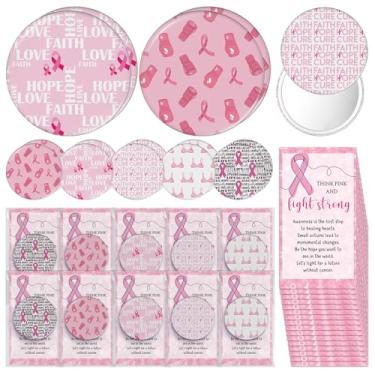 Imagem de Geelin 60 conjuntos de acessórios de conscientização do câncer de mama para mulheres, mini espelhos de bolso, fitas rosas, espelho de maquiagem redondo portátil com cartão de luta rosa Think Pink para