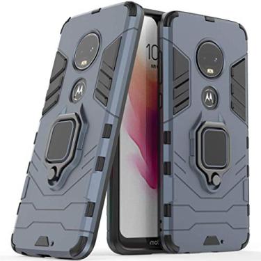 Imagem de Compatível com Motorola Moto G7, Moto G7 Plus Capa Prova de Choque de Camada Dupla, Anel Giratório de 360 com Suporte de Celular para Carro (Azul Marinho)