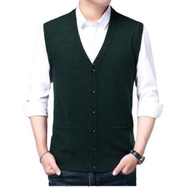 Imagem de Colete De Lã Masculino Primavera Outono Camisola Sem Mangas Sólida Casual Com Decote Em V Colete De Malha Com Bolsos, Army En8, XXL