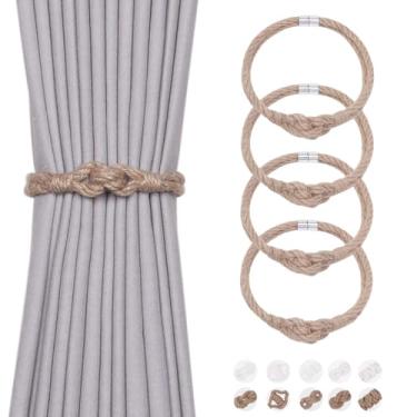 Imagem de NICEEC Pacote com 4 laços de cortina de corda de juta natural, elegante, estilo boêmio, fecho magnético, amarrado, corda macia à mão, retentores para cortinas de casa e escritório (nó de juta-05)