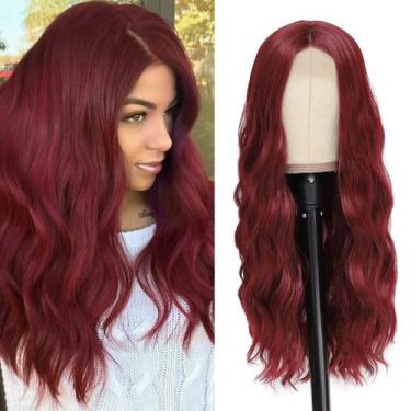Imagem de Peruca YBYMCAI Long Burgundy Wavy 66cm para mulheres de fibra sintétic
