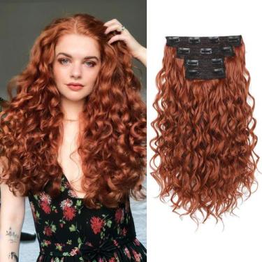 Imagem de Extensões de cabelo REECHO Curly, 4 peças, clipe de 40 cm em vermelho 