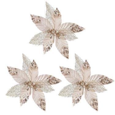 Imagem de Kit 3 Flores Bico de Papagaio Luxo Champanhe Mescla Veludo Glitter 23cm