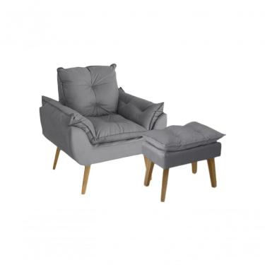 Imagem de Poltrona-cadeira Decorativa Com Puff Glamour Opala Com Pés Quadrado Cinza