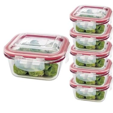 Imagem de Kit 5 Pote De Vidro 520ml Hermético Marmita Fit Tampa Silicone 4 Trava