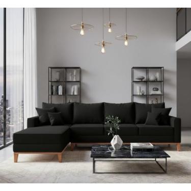 Imagem de Sofá Beny com Chaise Esquerda, 1,40x2,60m, 4 Lugares, Linho, Base em Madeira. (Preto)