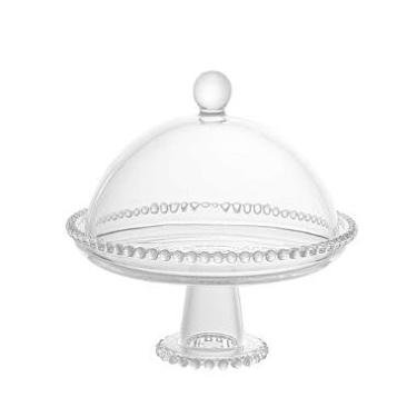 Imagem de Prato de Cristal Porta Bolo Boleira Queijeira Suporte Doces com Pé e Tampa Pearl Bolinhas Transparente