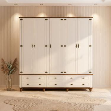 Imagem de Guarda-roupa 5 Portas 6 Gavetas com Tampo Bases e Pés de Madeira Maciça Joy Off White