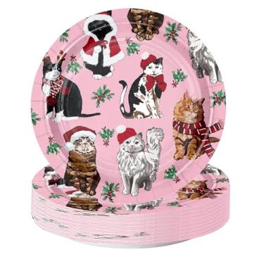 Imagem de WRAPAHOLIC 25 peças de pratos de papel de Natal – 18 cm rosa visco e gato pratos descartáveis decorativos pratos de sobremesa para festa de Natal suprimentos de mesa decoração de mesa