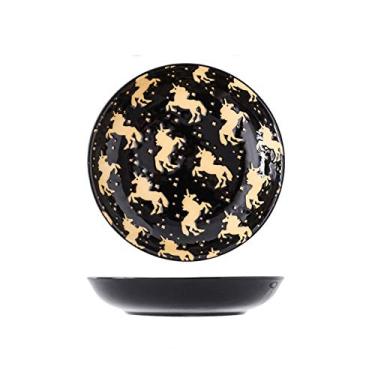 Imagem de Prato de serviço pratos redondos de sobremesa para salada de macarrão, preto sortido motivo prato de aperitivo, prato de jantar de cerâmica de 20 cm, seguro para micro-ondas. Pratos (Cor: D, Tamanho
