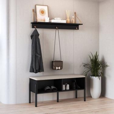 Imagem de Conjunto Sapateira Banco Estofada e Prateleira Pé Madeira Oslo Nero/Preto