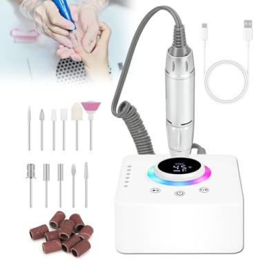 Imagem de Kit profissional de furadeira de unha sem fio 45.000 RPM – luz RGB, 11 brocas, lima elétrica recarregável de baixa vibração para unhas de gel/acrílico, portátil com suporte para brocas para salão
