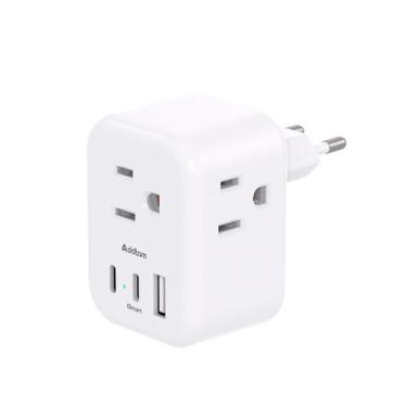 Imagem de Adaptador de viagem Addtam European com 3 tomadas e 3 portas USB
