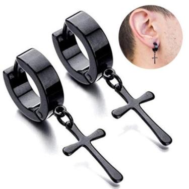 Imagem de Brinco Argola Cruz Preto Com Furo Masculino Aço Inox O Par - Outlet Bo