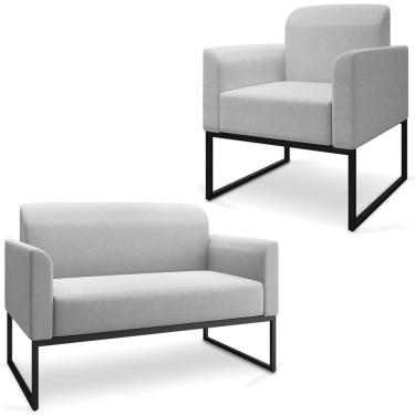 Imagem de Conjunto Namoradeira e Poltrona Decorativa Isabella Base Industrial Linho Cinza/Preto - Gran Belo