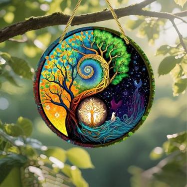 Imagem de Acrílico colorido Suncatcher, árvore da vida, quebra-cabeça Yin Yang, 18 cm, decoração de arte de parede com design de vitral impresso, ideia de presente e ornamento de jardim, uso interno e externo