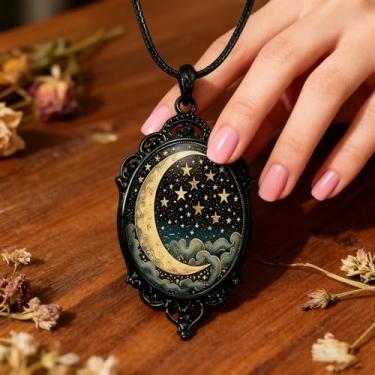 Imagem de Colar com pingente de vidro gótico para mulheres, sol e lua, estilo punk, vintage, corrente de corda de camafeu lunar, acessórios de bruxa, joias modernas, dia dos namorados, standard, Vidro, Sem