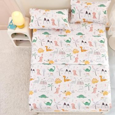 Imagem de Yibeizi Jogo de lençol casal de dinossauro para meninos, lençol de cama fofo de microfibra de dinossauro e fronhas com bolso profundo 4 peças