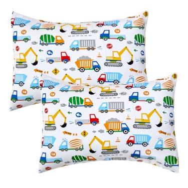 Imagem de Fronhas infantis de algodão para bebês 2 pacotes para meninos crianças roupa de cama viagem com sono adequado para travesseiros 14X 48.3 cm 33.0 cm x 45.7 cm 12"x16" (veículos de construção, caminhões