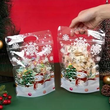 Imagem de Pacote com 10 sacos de Natal com fecho, sacos de plástico transparente para biscoitos com estampa de boneco de neve para doces, pequenos presentes e lembrancinhas de festa