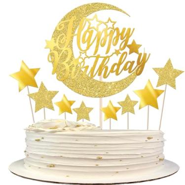 Imagem de Rsstarxi 25 Pack Gold Happy Birthday Moon Star Cake Topper Glitter Twinkle Little Star Birthday Cupcake Pick Decoration for Baby Shower Wedding Birthday Party Cake Decorations Supplies