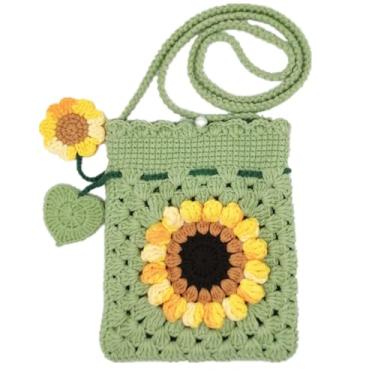 Imagem de HNOMISE Bolsa feminina de crochê feita à mão com flor de girassol, Verde menta, 17.5*14.5cm