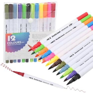 Imagem de Caneta Brush Pen Ponta Dupla Kit 12/24 Cores 2 em 1, Pontas Pincel e Fina, Canetinha Colorida para Lettering, Escolar, Desenho, Caligrafia, para Colorir e Detalhes (12)