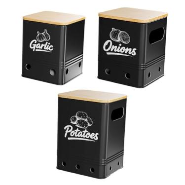 Imagem de Ioensy Conjunto de 3 Organizadores de Armazenamento para Batatas, Cebolas e Alho com Tampa de Bambu - Latas para Conservar Legumes, Preto