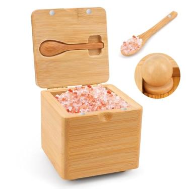 Imagem de Luxiv Adega de sal de bambu atualizada com tampa e colher, caixa de sal de bambu caixa de especiarias de madeira com tampa magnética para pimenta, especiarias, sal marinho, recipiente para bancada com